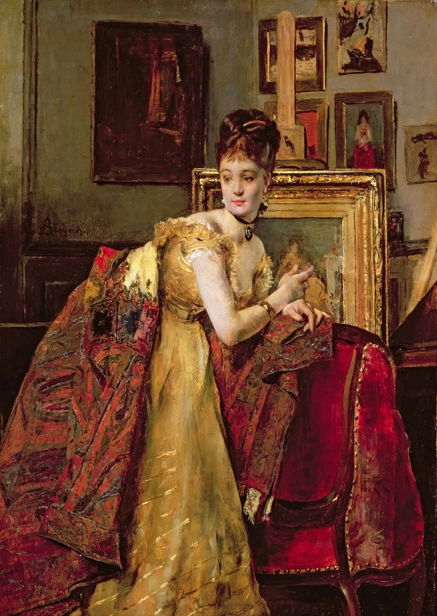 Alfred Émile Stevens - Donna con scialle indiano in uno studio